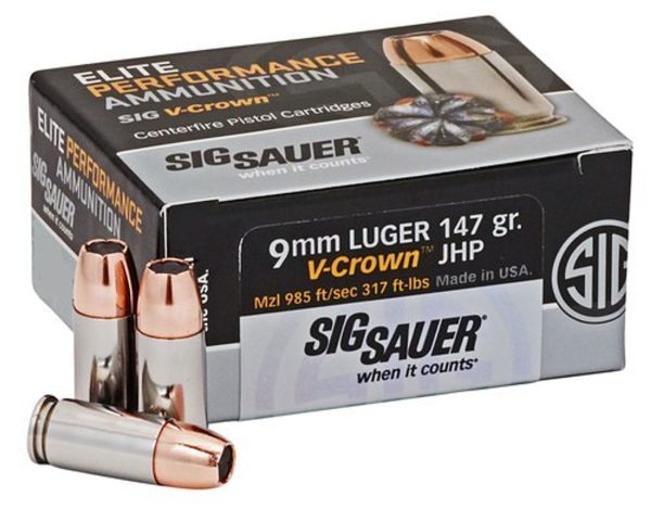 Sig Ammo Elite Performance V-Crown 9mm 147gr, JHP, 50rd Box