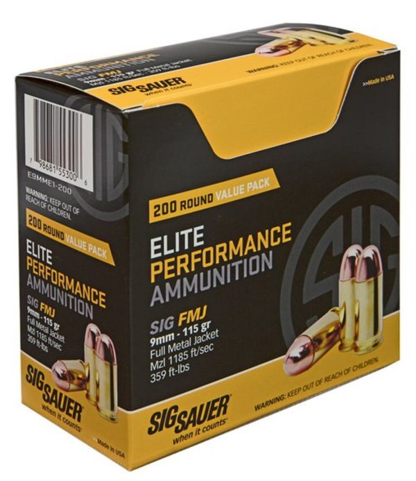 Sig Elite Ball 9mm 115gr, Full Metal Jacket, 200rd/Box