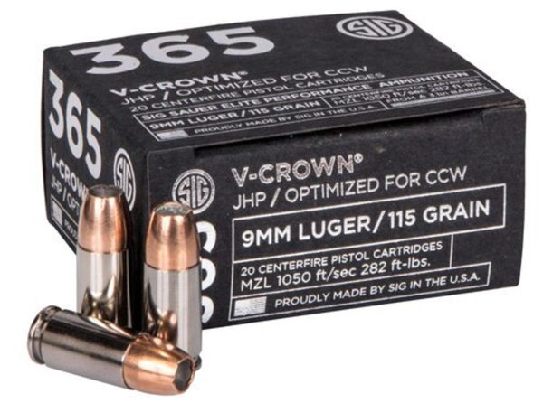 Sig Sauer Ammo 9mm, 115gr, V-Crown JHP, 20rd Box