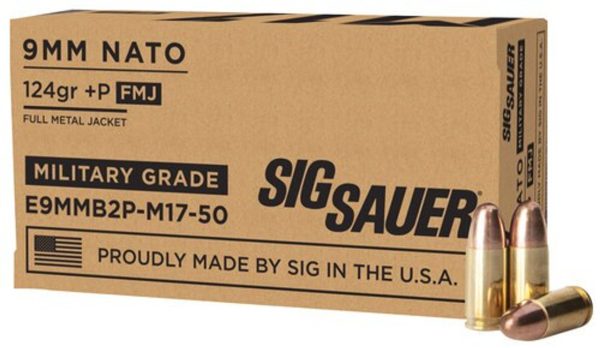 Sig Ammo Elite Ball M17 9mm+ P 124gr, FMJ, Military Grade, 50rd Box