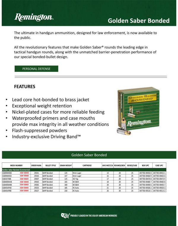 Remington Golden Saber Bonded 9mm 147gr, Brass Jacket Hollow Point (BJHP), 20rd Box - Image 2