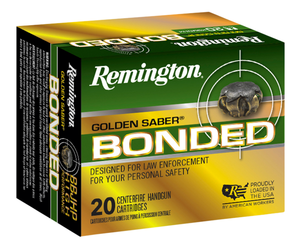 Remington Golden Saber Bonded 9mm +P 124gr, Brass Jacket Hollow Point (BJHP), 20rd Box