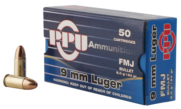 PPU Ammunition Defense 9mm, 124gr, Full Metal Jacket, 50Bx/20Cs