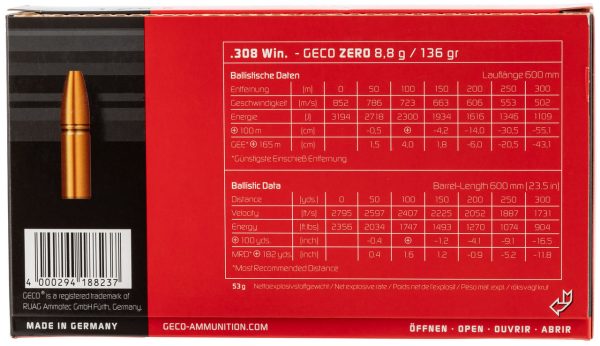 Geco Zero 308 Win 136gr, Jacketed Hollow Point, 20rd Box - Image 2