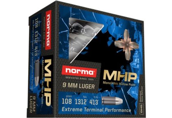 Norma MHP 9mm, 108gr, Monolithic Hollow Point, 20rd Box