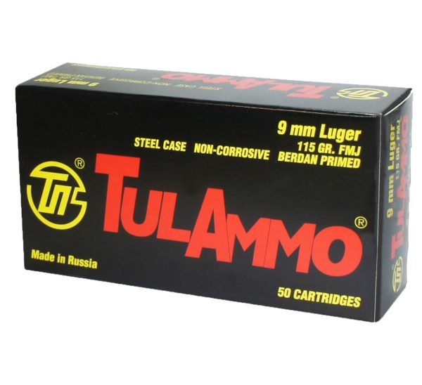 TulAmmo 9mm 115 Gr, FMJ, Range and Practice, Steel Case, 50rd Box